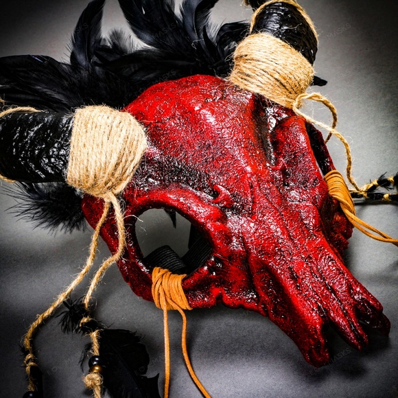 Halloween Red Skull Feather Mask Antelope Horns - Picture 5 of 8
